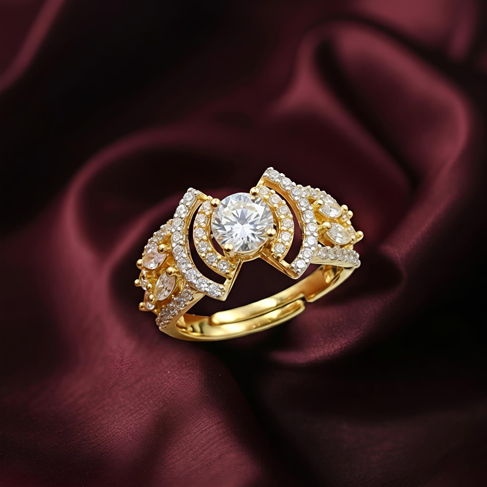 Adjustable Gold-Plated Imitation Ring with Brilliant Central Crystal ...