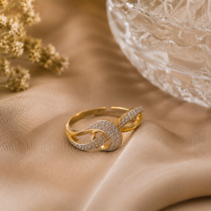 Gold-plated imitation statement ring with interlocking pavé crystal loops. Modern Overlapping Knot Statement Ring