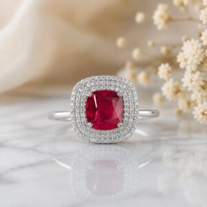 Ruby Red AD Cushion Ring with double American Diamond halo